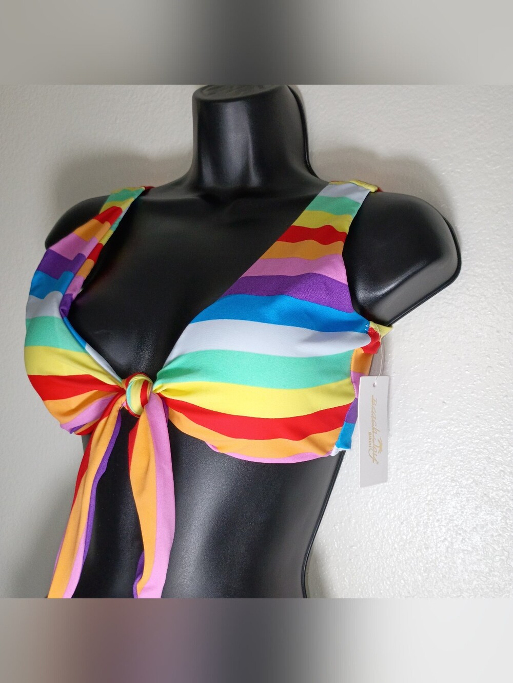 Bright Rainbow Striped Tie-Front High Waist Full Bikini Bottom Set- Size Small - Picture 4 of 11